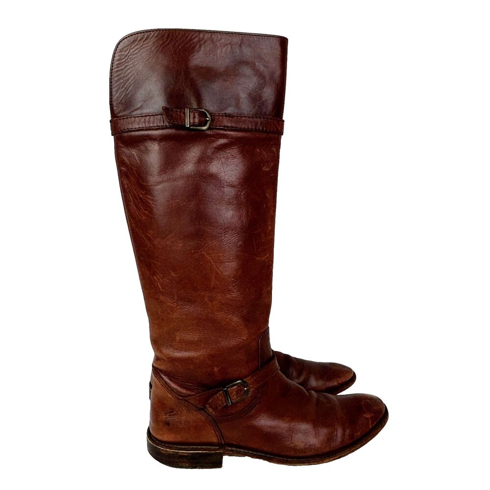 Frye Shirley Pull Riding Boots Full Leather Knee High Buckles Cognac Brown 6.5
